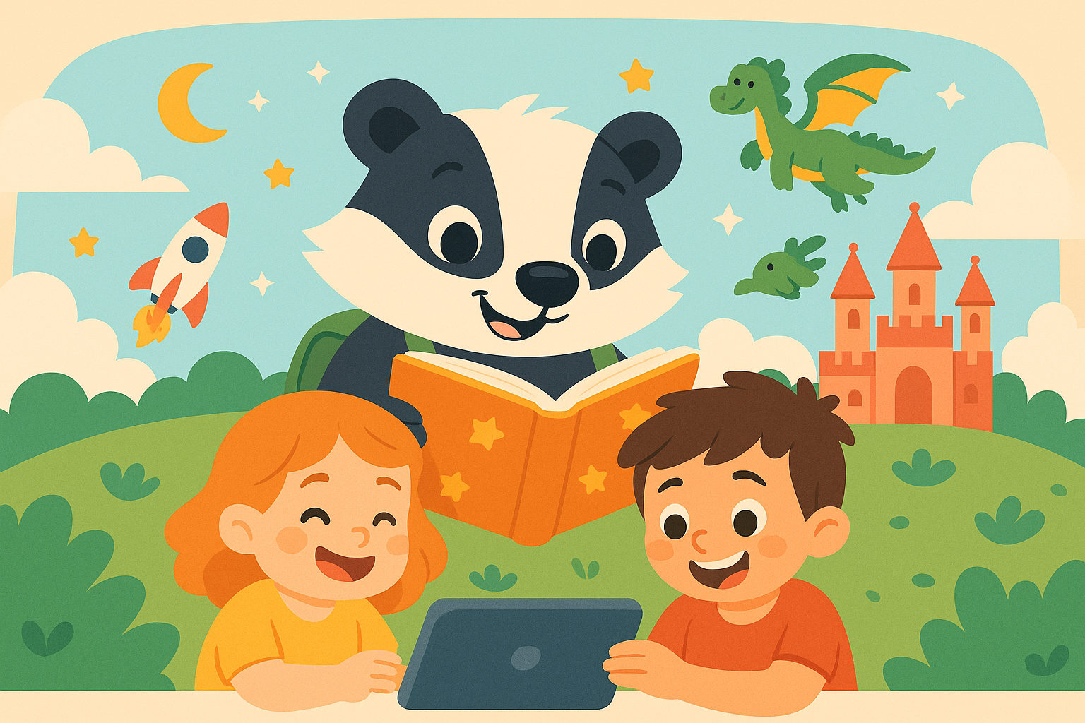 Little Tata - Children reading with a friendly badger